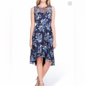 Tahari Women’s Navy Blue Floral High-Low Illusion Neckline Cocktail Dress Sz 10
